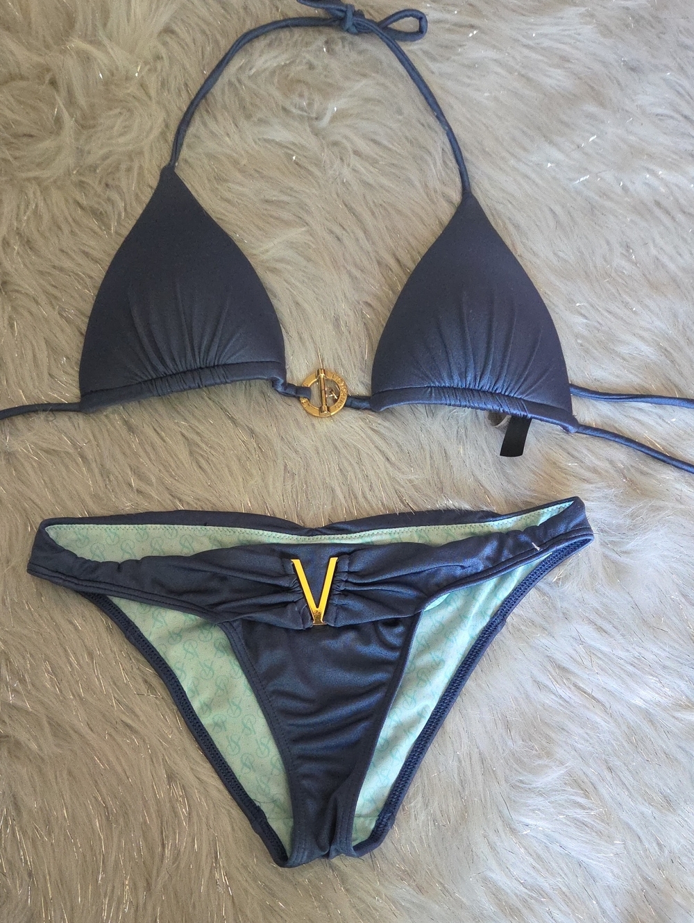Victoria's Secret Navy Blue Triangle Bikini with Gold V Accent